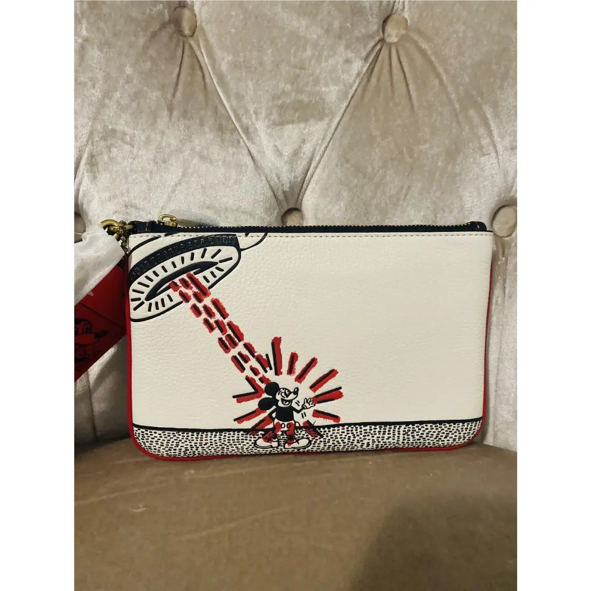 Coach Disney Mickey Mouse X Keith Haring Small Wristlet Purse Ufo Chalk Red