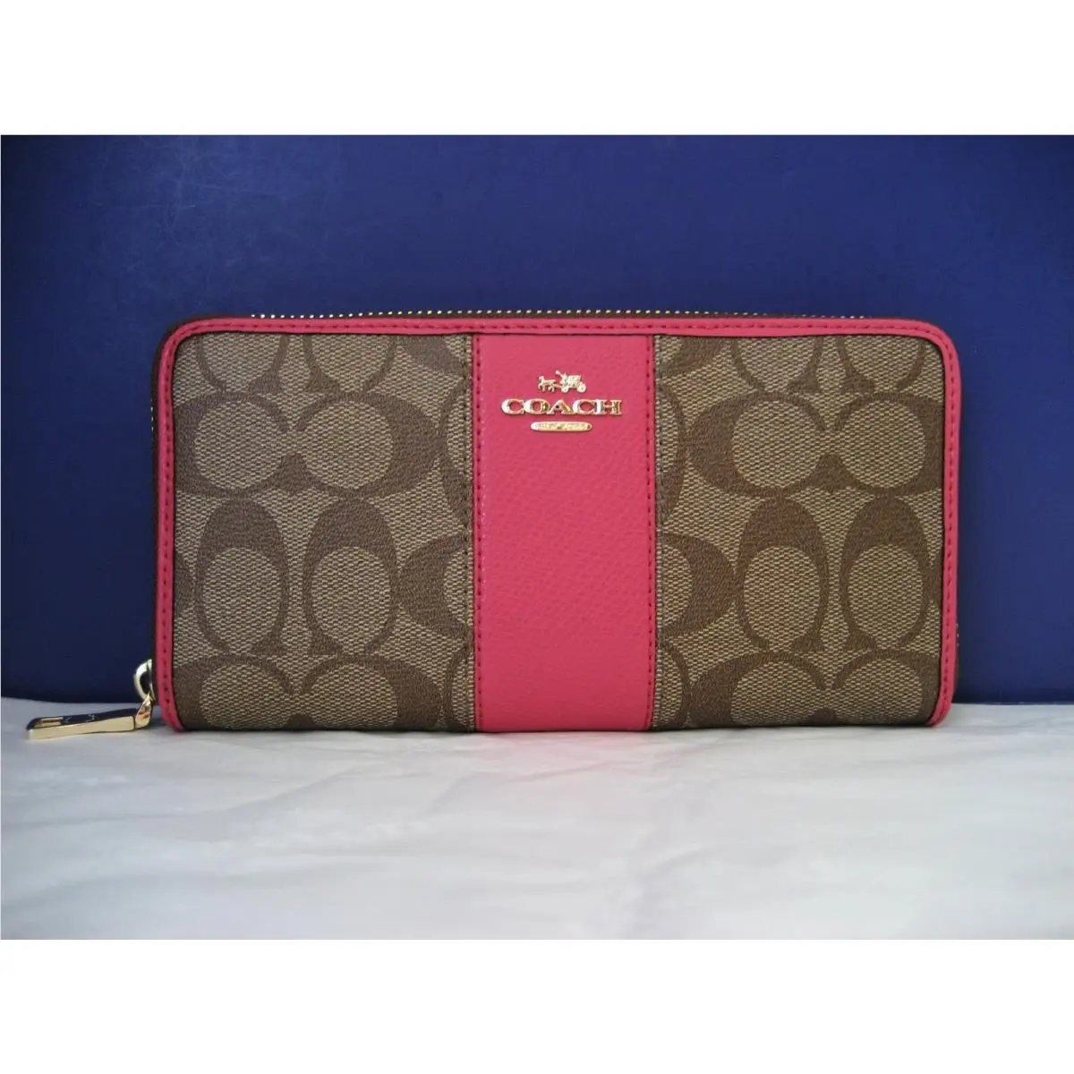 Coach Signature Canvas W/leather Accordion Zip Wallet 52859 Im/khaki/dahlia
