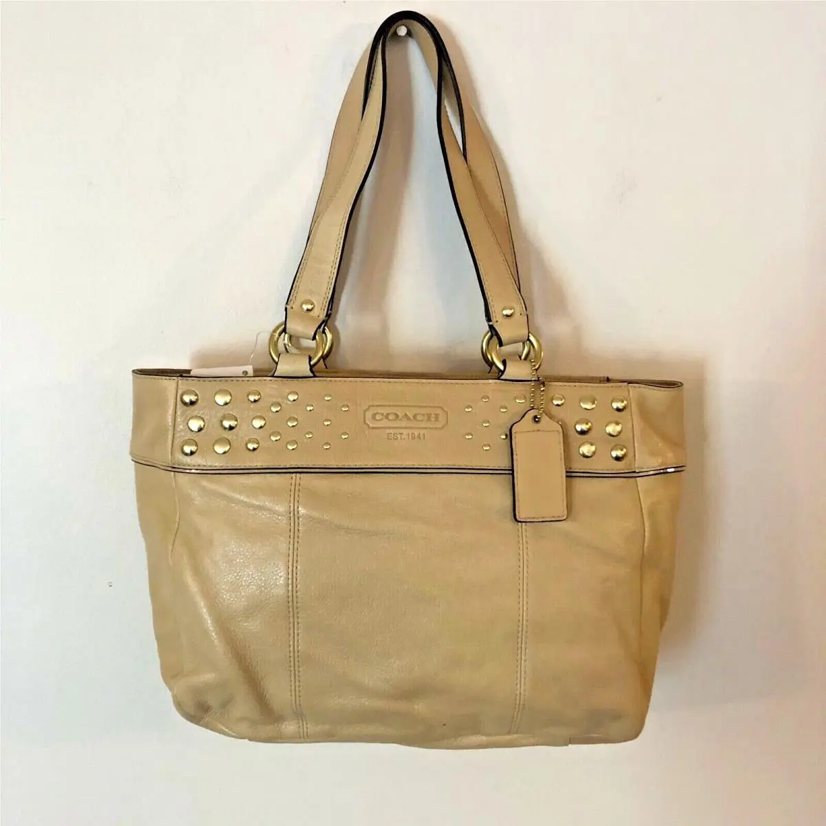 Coach Studded Beige Tan Leather EW Tote Shoulder Bag Zipper Purse