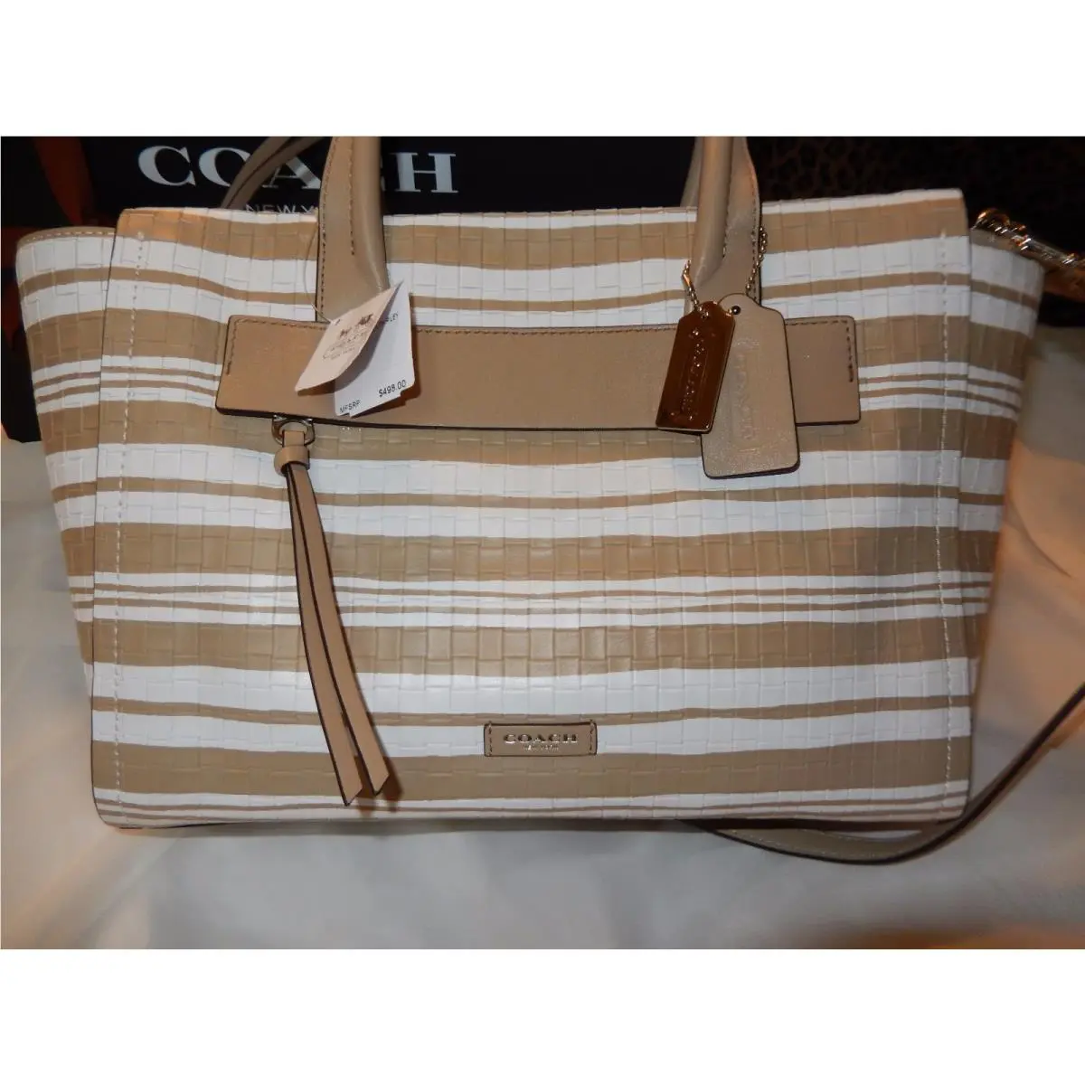 Coach Bleecker Riley Carryall Tote Fawn White Woven Embossed Leather 31002