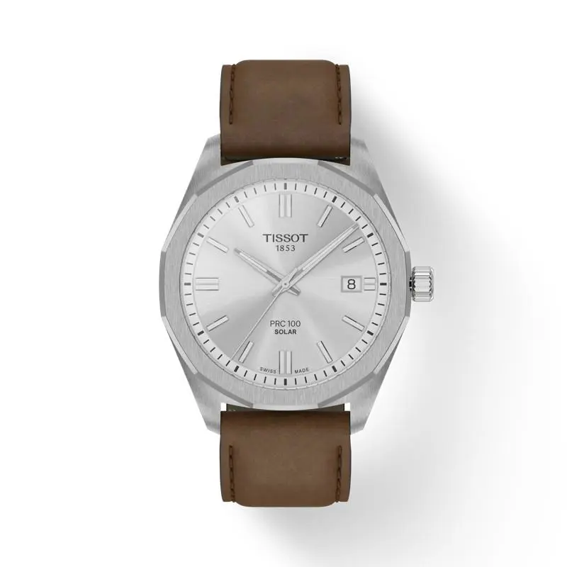 Tissot Prc 100 Solar Quartz 39mm Silver Dial Leather Band Watch T1514221603100 - Dial: Silver, Band: Brown