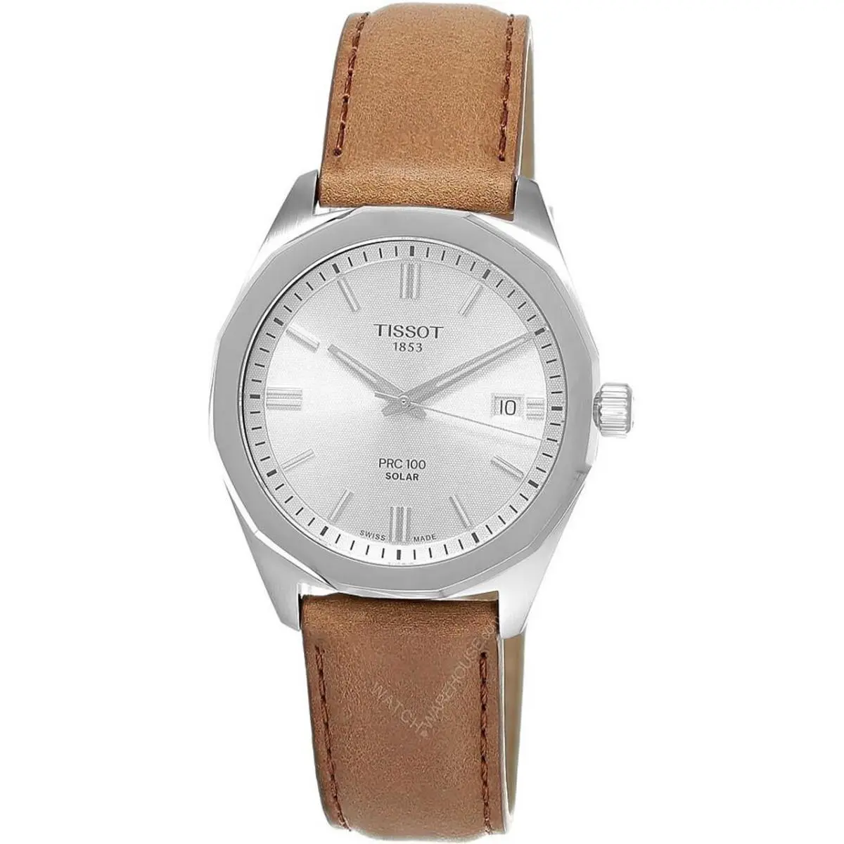 Tissot Prc 100 Solar Quartz 39mm Mens Watch T1514221603100 / T151.422.16.031.00 - Dial: Silver, Band: Brown, Bezel: Silver