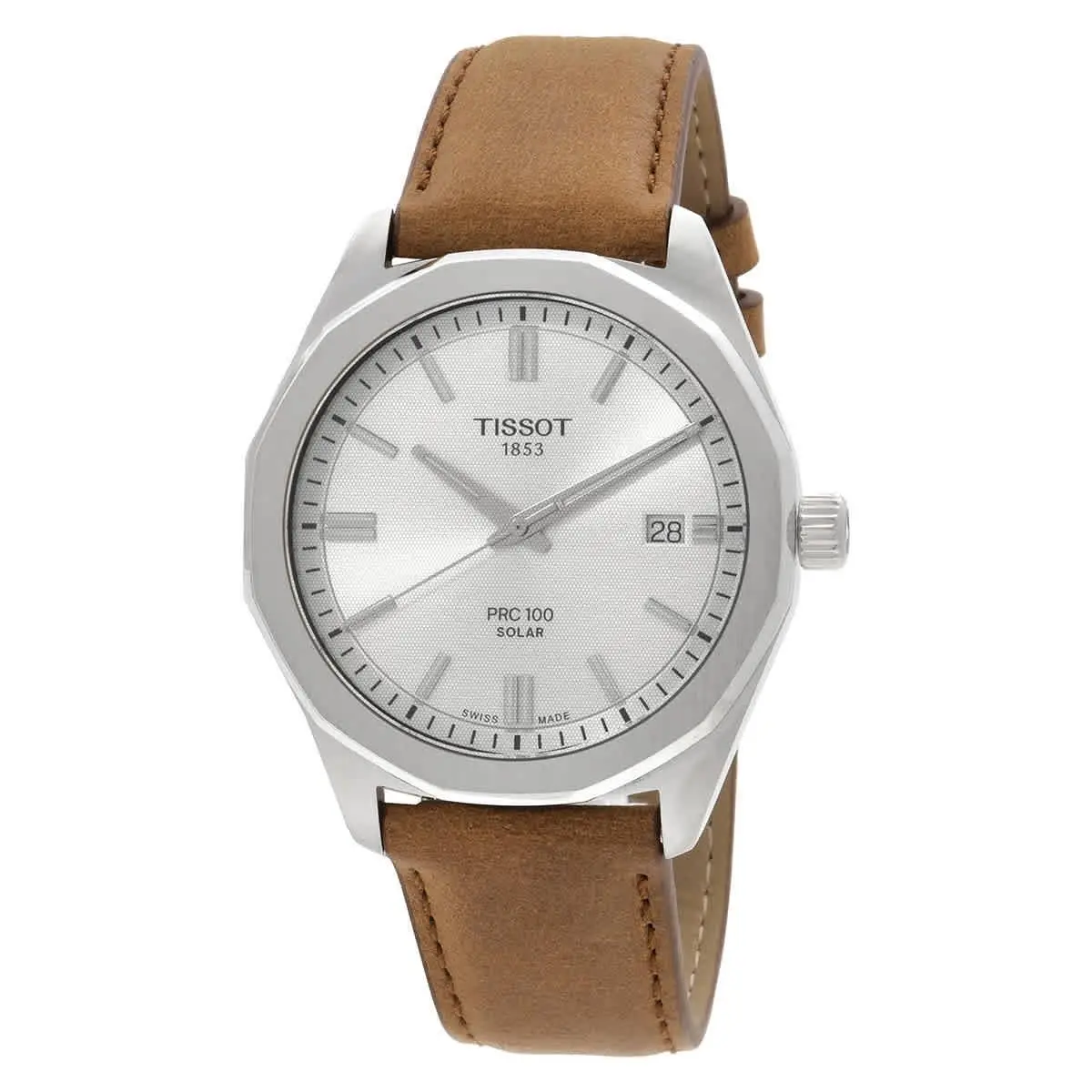 Tissot Prc 100 Quartz Solar-powered Silver Dial Watch T1514221603100 - Dial: Silver, Band: Brown, Bezel: Silver-tone