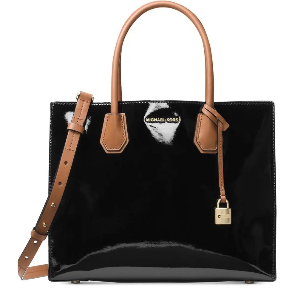 Michael Kors Mercer Studio Large Tote Patent Leather Black White Sides Bag
