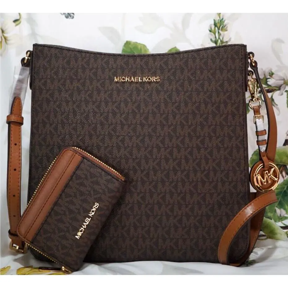 2 PC Set Michael Kors Jet Set Travel LG Messenger X-body Bag Wallet Brown Sig