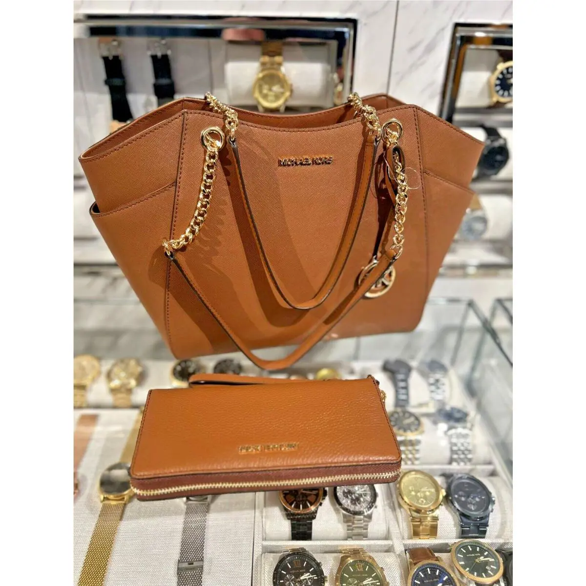 Michael Kors Jet Set Large Leather Chain Shoulder Tote Bag + Continental Wallet