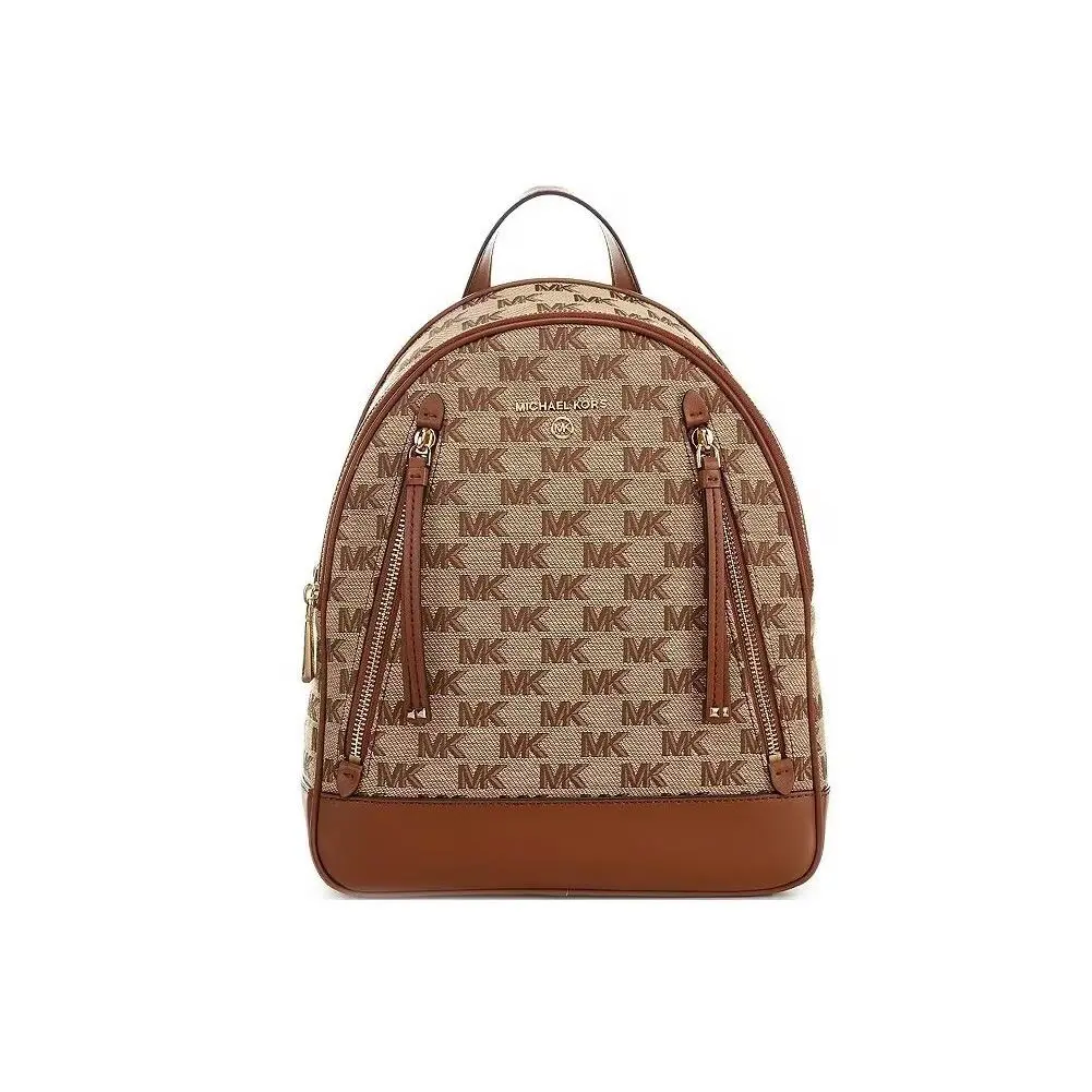 Michael Kors Brooklyn Beige Gold Zip Medium Backpack Beige/ebony - Handle/Strap: Brown, Hardware: Gold, Exterior: Beige/Ebony