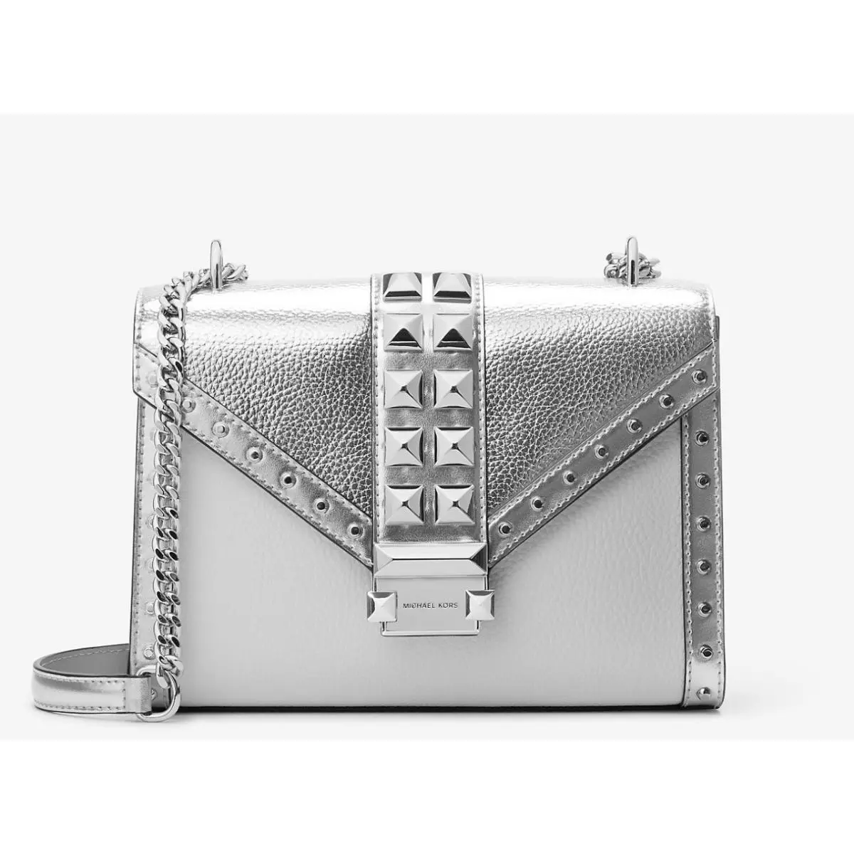 Michael Kors Whitney Medium Studded Shoulder Bag White Silver Crossbody