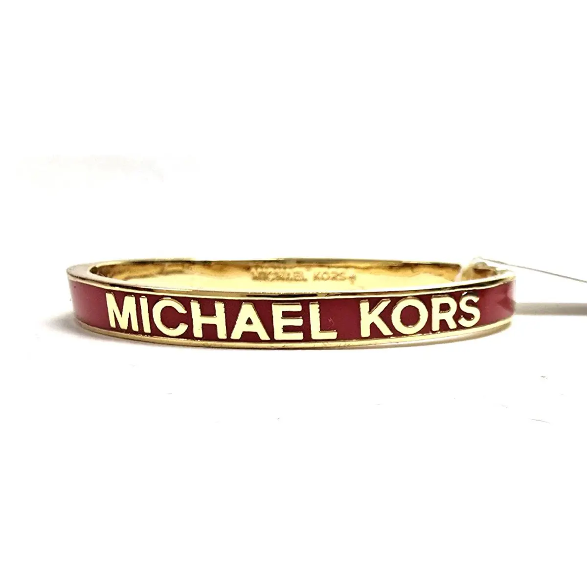 Michael Kors Polished Gold Tone Red Enamel Logo `mk` Hinge Bangle Bracelet