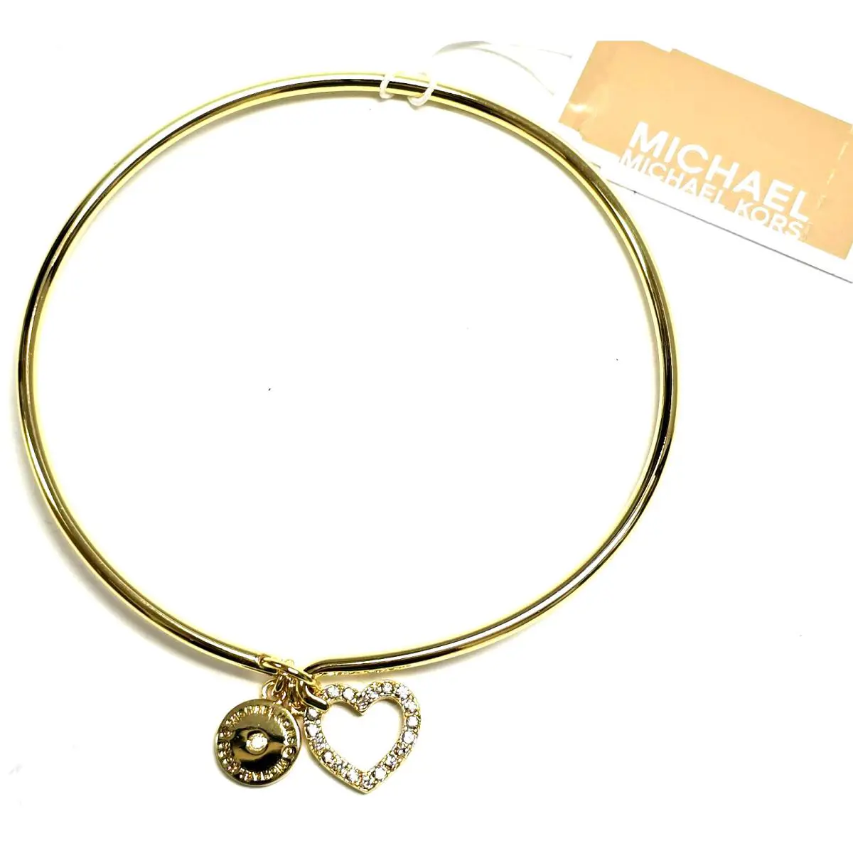 Michael Kors Gold Tone Pave Crystal Heart Disc Charm Bracelet Bangle