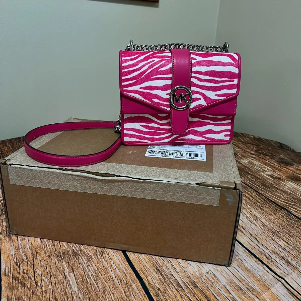 Michael Kors Greenwich Small Zebra Print Calf Hair Crossbody Bag Dragonfruit