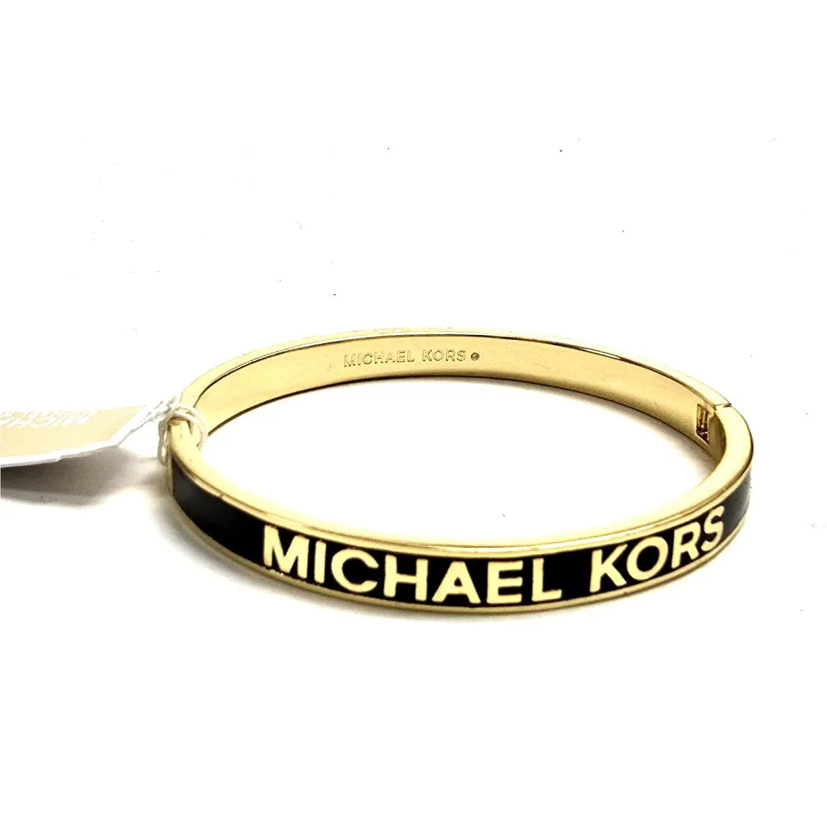 Michael Kors Polished Gold Tone Black Enamel Logo `mk` Hinge Bangle Bracelet