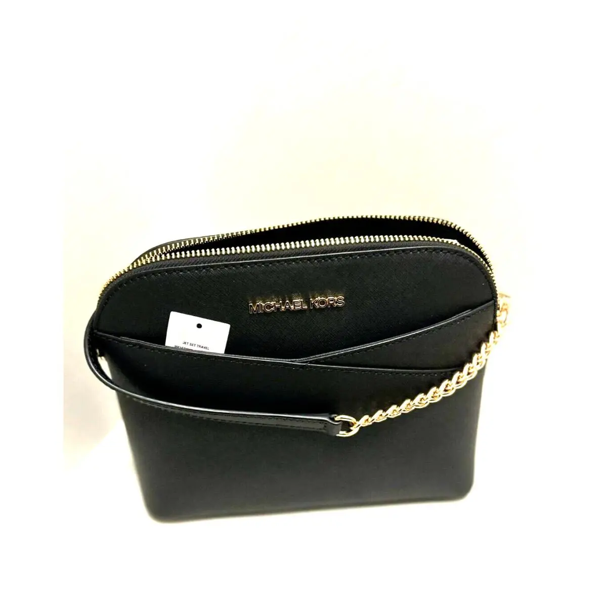 Michael Kors Jet Set Travel Medium Dome Chain Strap Crossbody Black Leather Bag