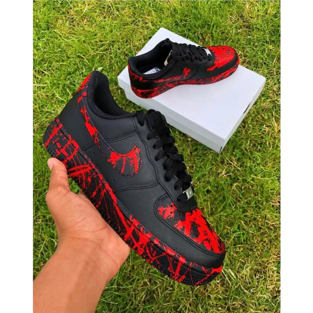 Nike Air Force 1 Custom Black Shoes Retro Red Vampire Blood Splatter Halloween Horror