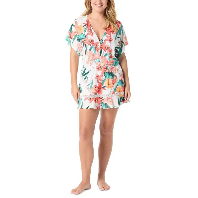 Coco Reef Women`s Adorn Dolman-sleeve Cover-up Dress White Floral Large