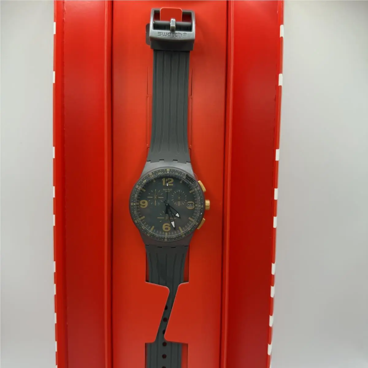 Swatch Gordon SUSA401 Chronograph Quartz Grey Silicone Men`s Watch 42mm - Dial: Gold, Gray, Band: Gray, Bezel: Gold, Gray