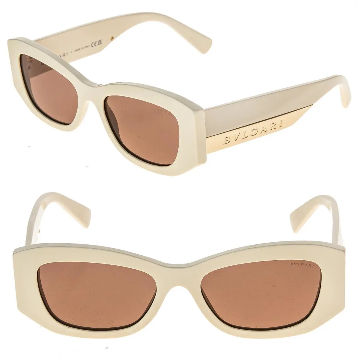 Bvlgari 40037 Roma BV40037I Ivory Brown Logo Angular Sunglasses 25E