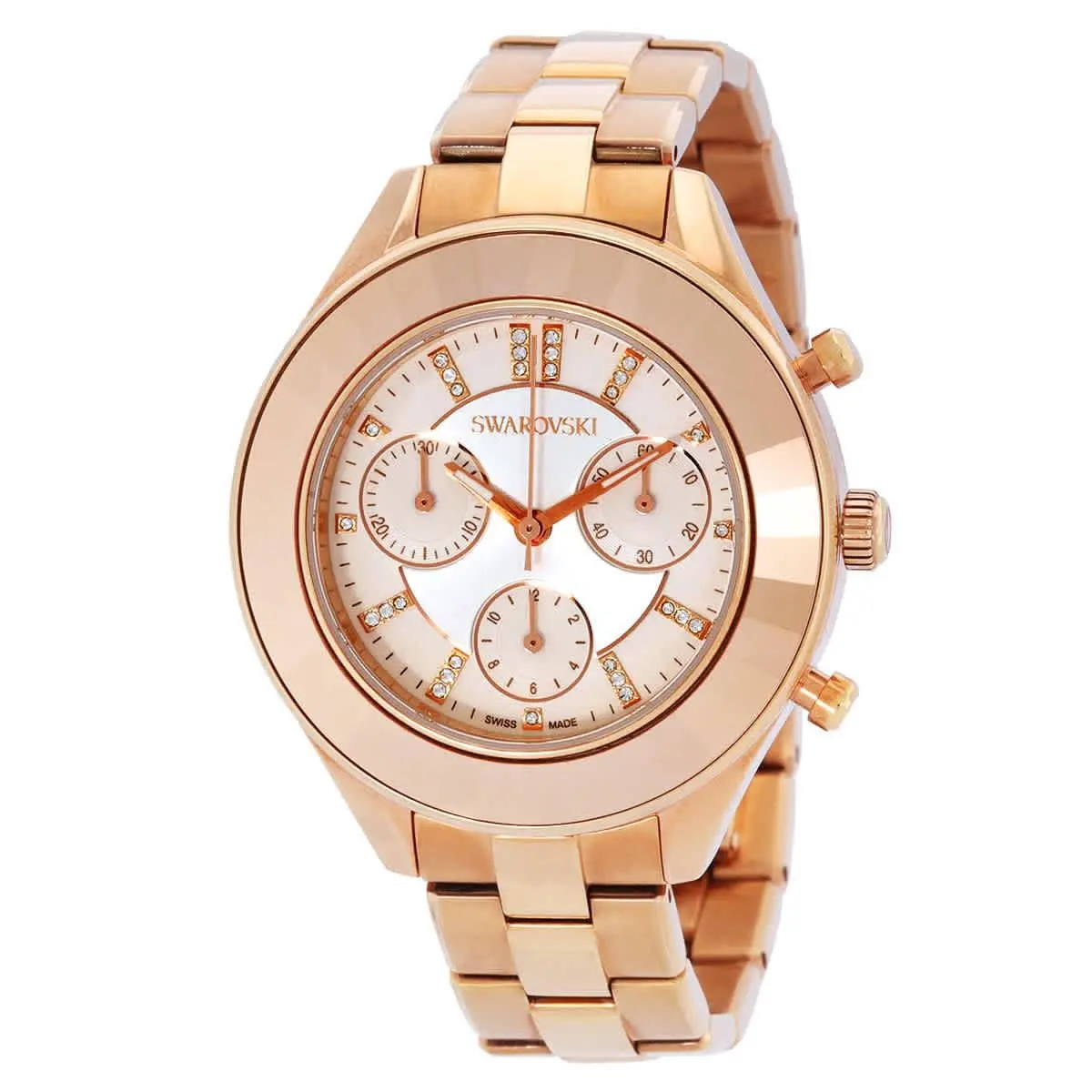 Swarovski Octea Lux Sport Chronograph Quartz Crystal Silver Dial Ladies Watch - Dial: Silver, Band: Rose Gold-tone, Bezel: Rose Gold-tone