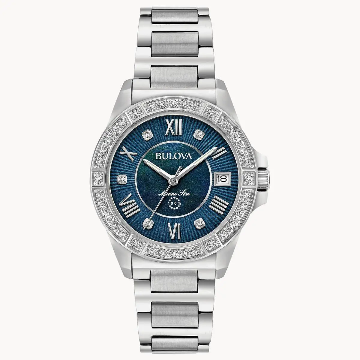 Bulova Marine Star Diamond Blue Dial Stainless Steel Women`s Watch 96R215