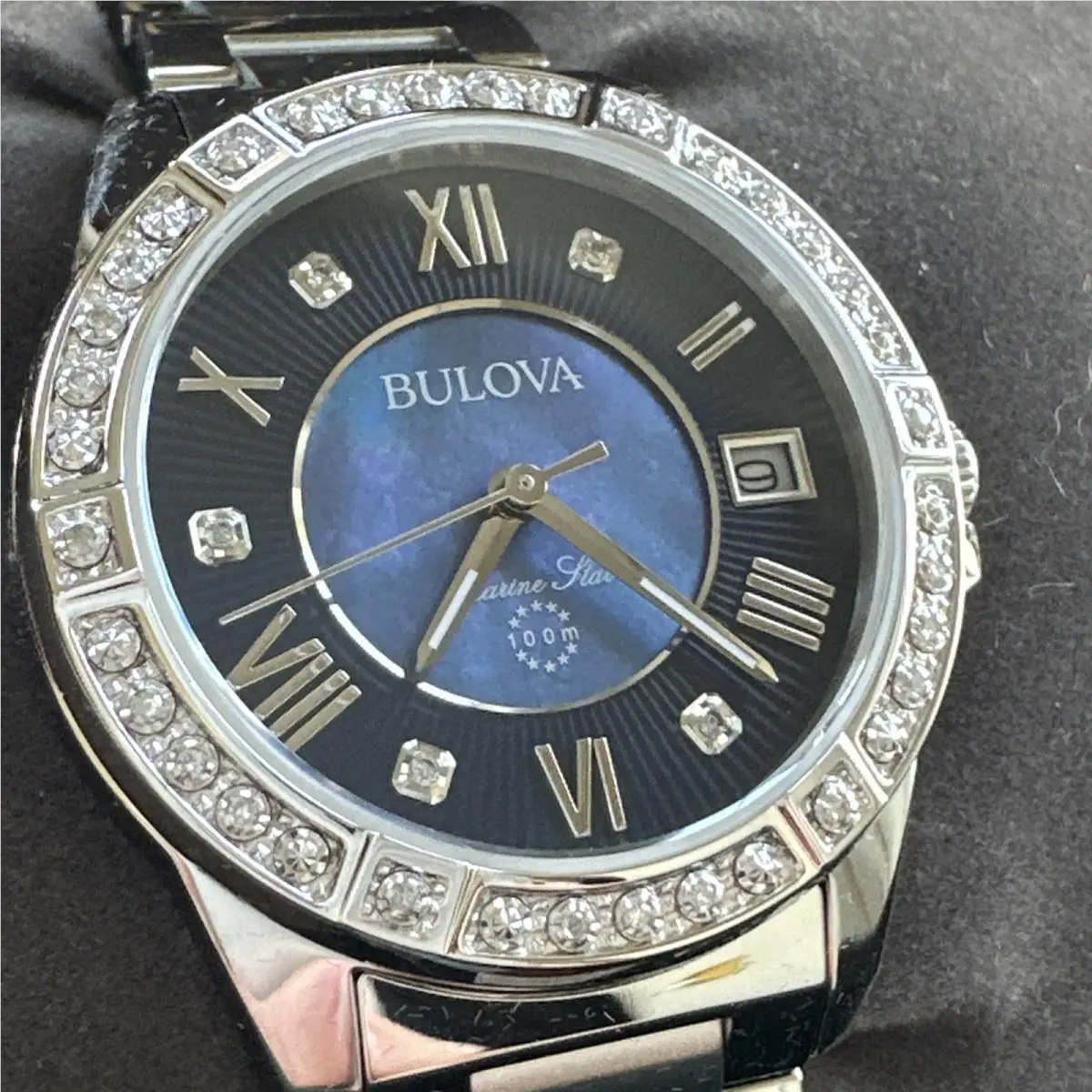 Bulova Women`s Marine Star Quartz Date Silver Stainless Steel Watch 32 MM 96R215