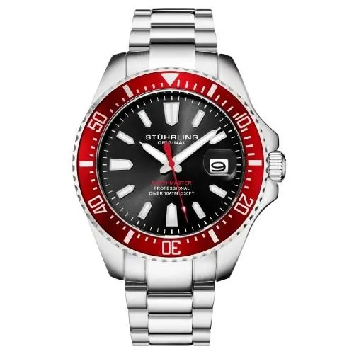 Stuhrling 3950A 4 Aquadiver Date Stainless Steel Red Bezel Black Dial Mens Watch by Stührling