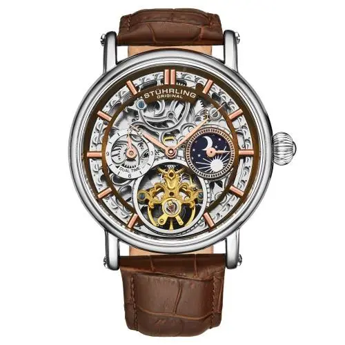 Stuhrling 4000 4 Legacy Automatic Dual Time Skeleton Am/pm Leather Mens Watch - Dial: Silver, Band: Brown
