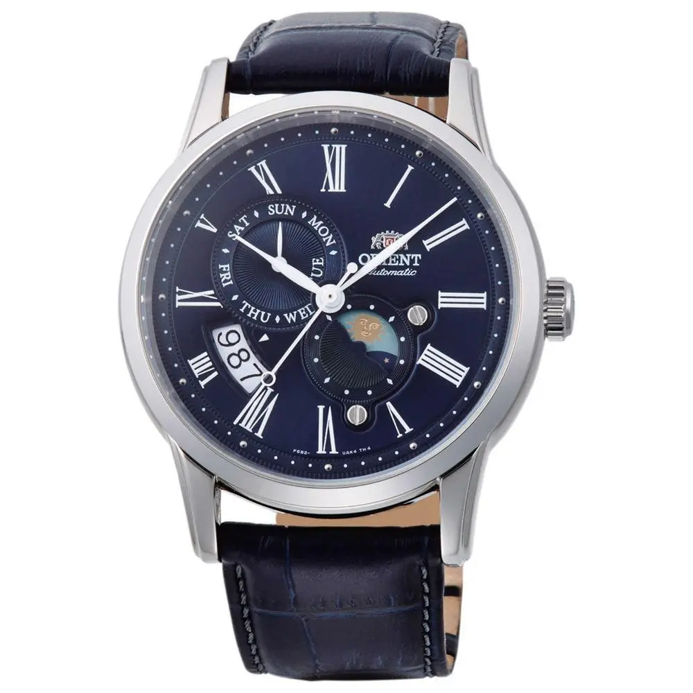 Men`s Sun and Moon Blue Dial Automatic 42mm Watch RA-AK0011D by Orient