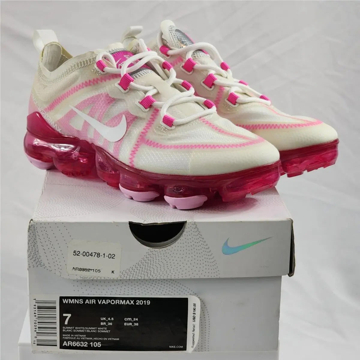 Nike Air Vapormax 2019 Summit White Pink Rise Womens Size 7 Shoes AR6632-105