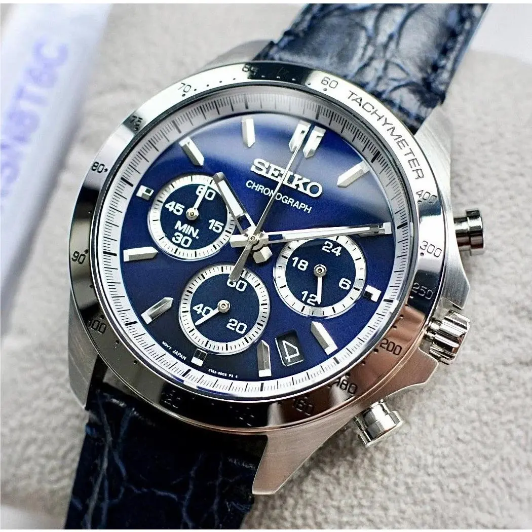 Seiko Spirit SBTR019 Chronograph Blue Dial Leather Band Men`s Watch