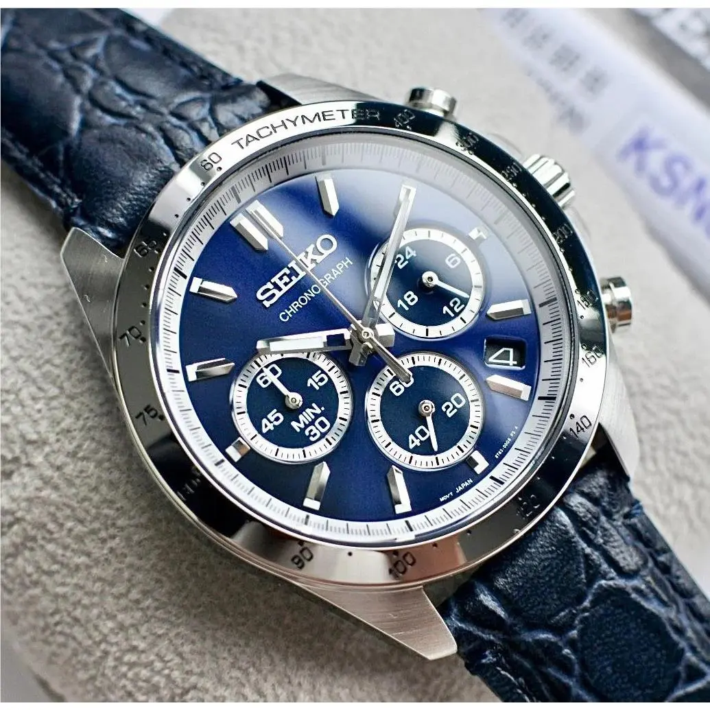 Seiko Spirit Blue Dial Leather Band Chronograph Men`s Watch SBTR019