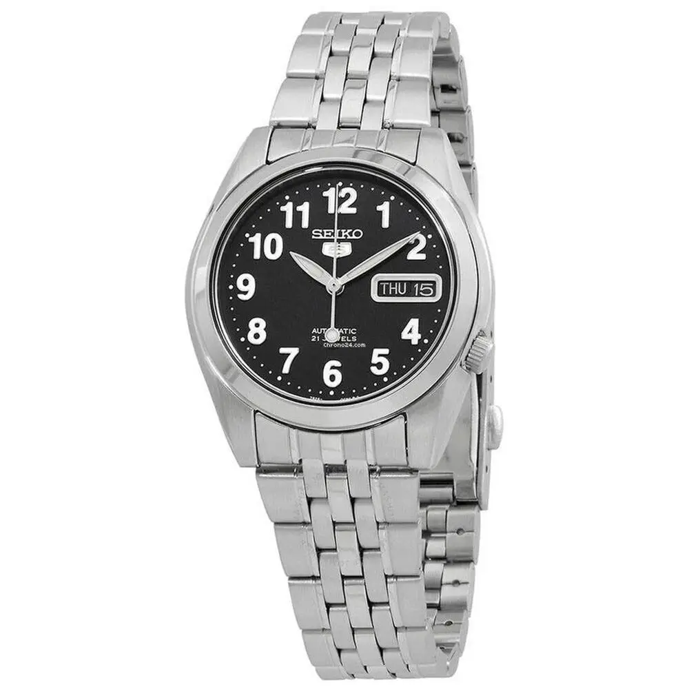 Seiko 5 SNK381 Men`s Stainless Steel Black Numbers Dial Day Date Automatic Watch