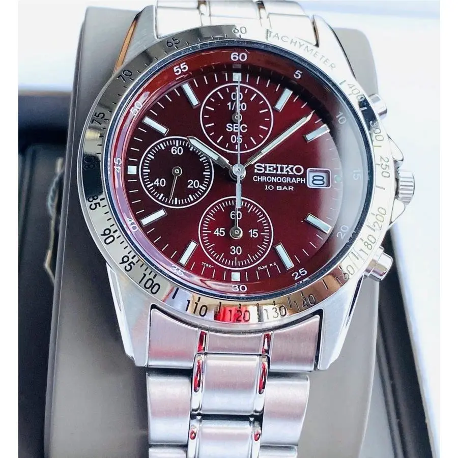 Seiko Spirit Red Dial Chronograph Stainless Steel Men`s Watch SBTQ045