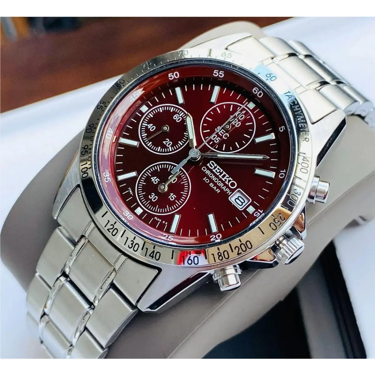 Seiko Spirit SBTQ045 Red Dial Chronograph Stainless Steel Men`s Watch