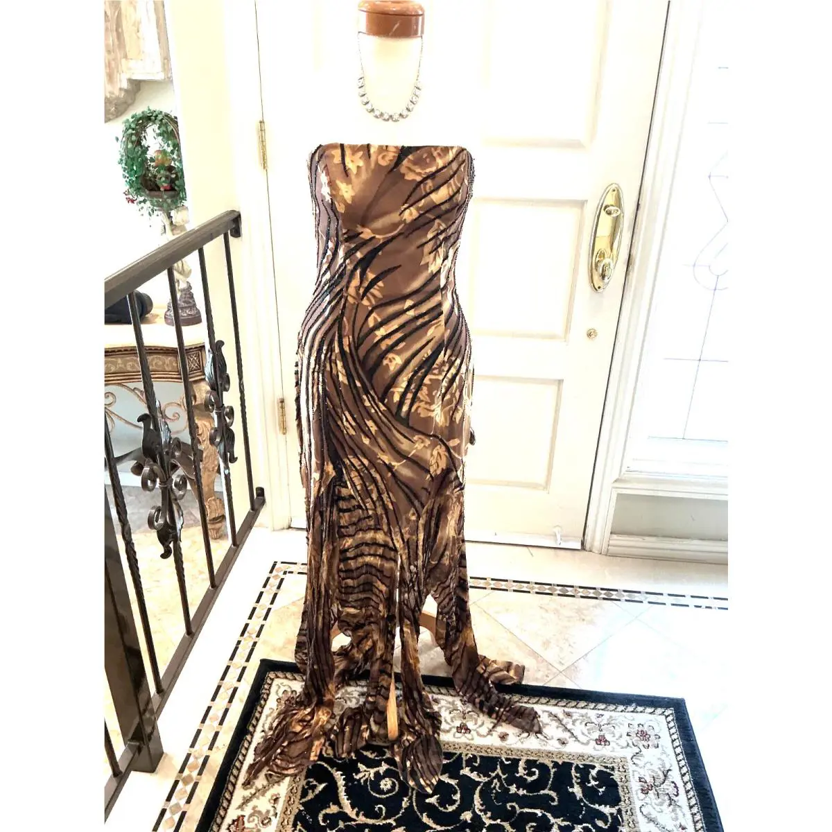 Vintage Silk Designer Tiffany Gown Dress Floral Animal Brown/ Black Beads 8