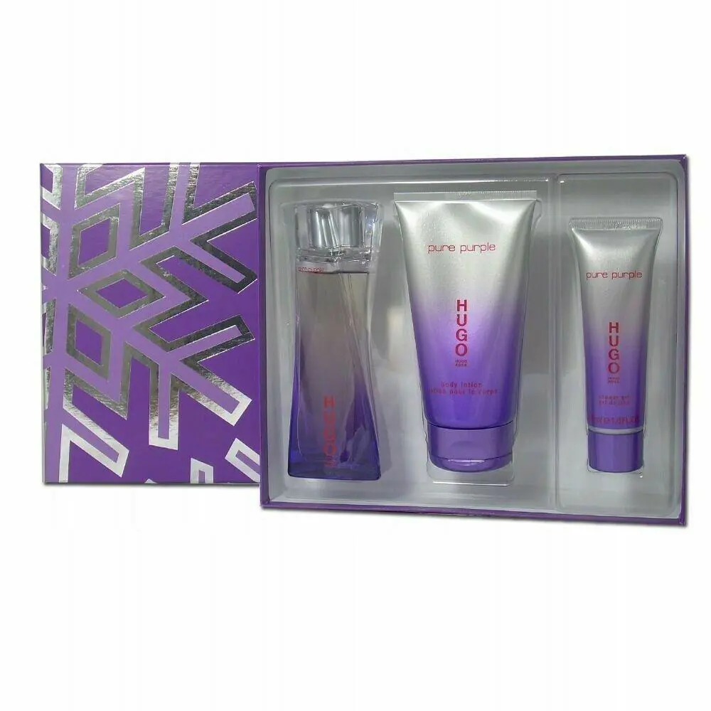 Hugo Pure Purple Gift Set 3.0 OZ Edt SP 5 OZ B/l 1.6 OZ S/g 1 Free Perfume