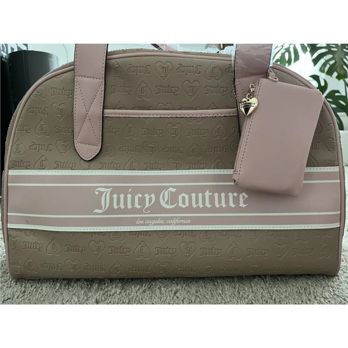 Juicy Couture Beige/ Pink Weekender Duffle Bag Card Holder 18”x13”x8”