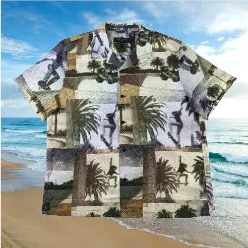Rag Bone Mens Avery Cali Skate Relaxed Fit Graphic Print Cotton Camp Shirt L