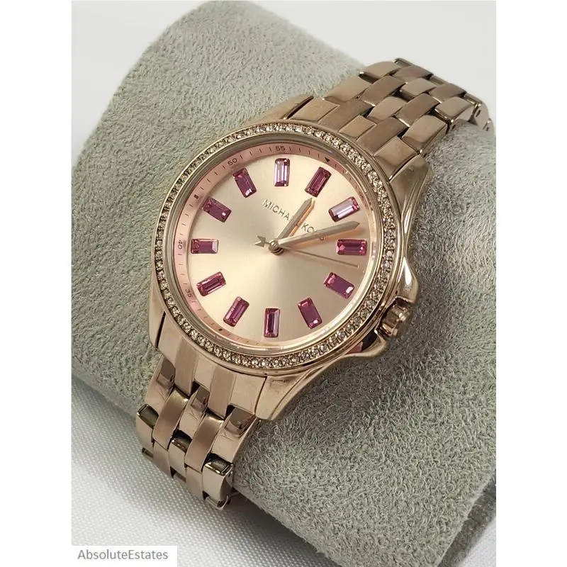 Pilot Baguette Crystal Glitz Rose Gold Pink 36mm Watch MK7367 + Box by Michael Kors