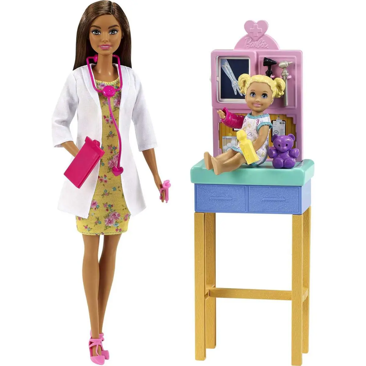 Barbie Pediatrician Playset Doll with Exam Table and Toddler Patient Toy Set