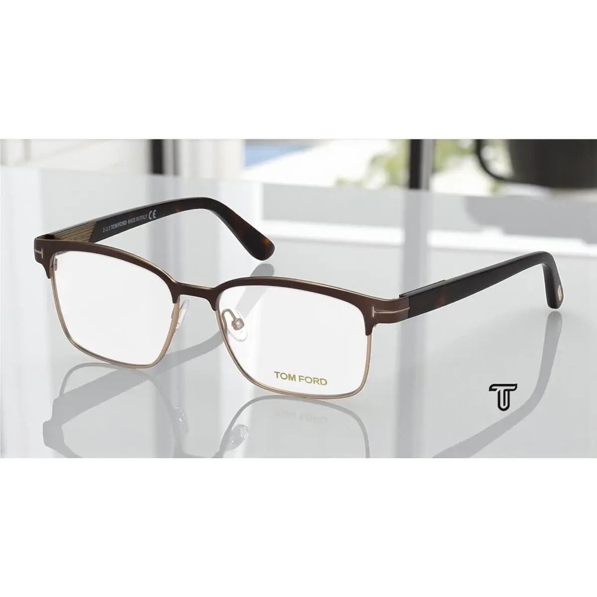 Tom Ford FT5323 048 Shiny Dark Brown Clear Lens Metal 54 mm Men`s Eyeglasses