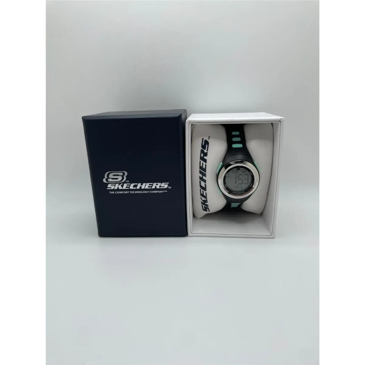 Skechers Womens Black Teal Round Water Resistant Sports Digital Watch