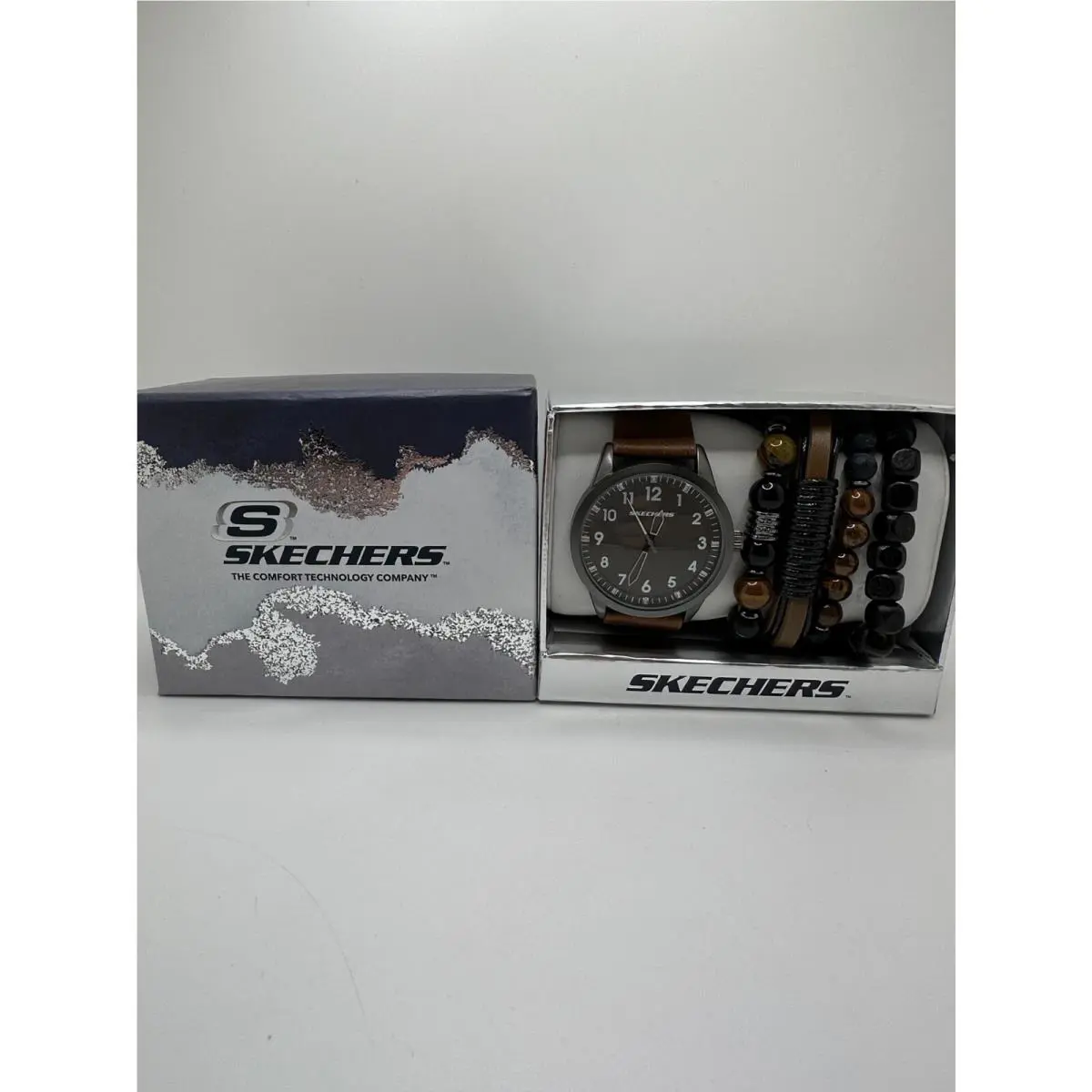 Skechers Mens Gray Dial Brown Leather Band Analog Wristwatch and Bracelet Set