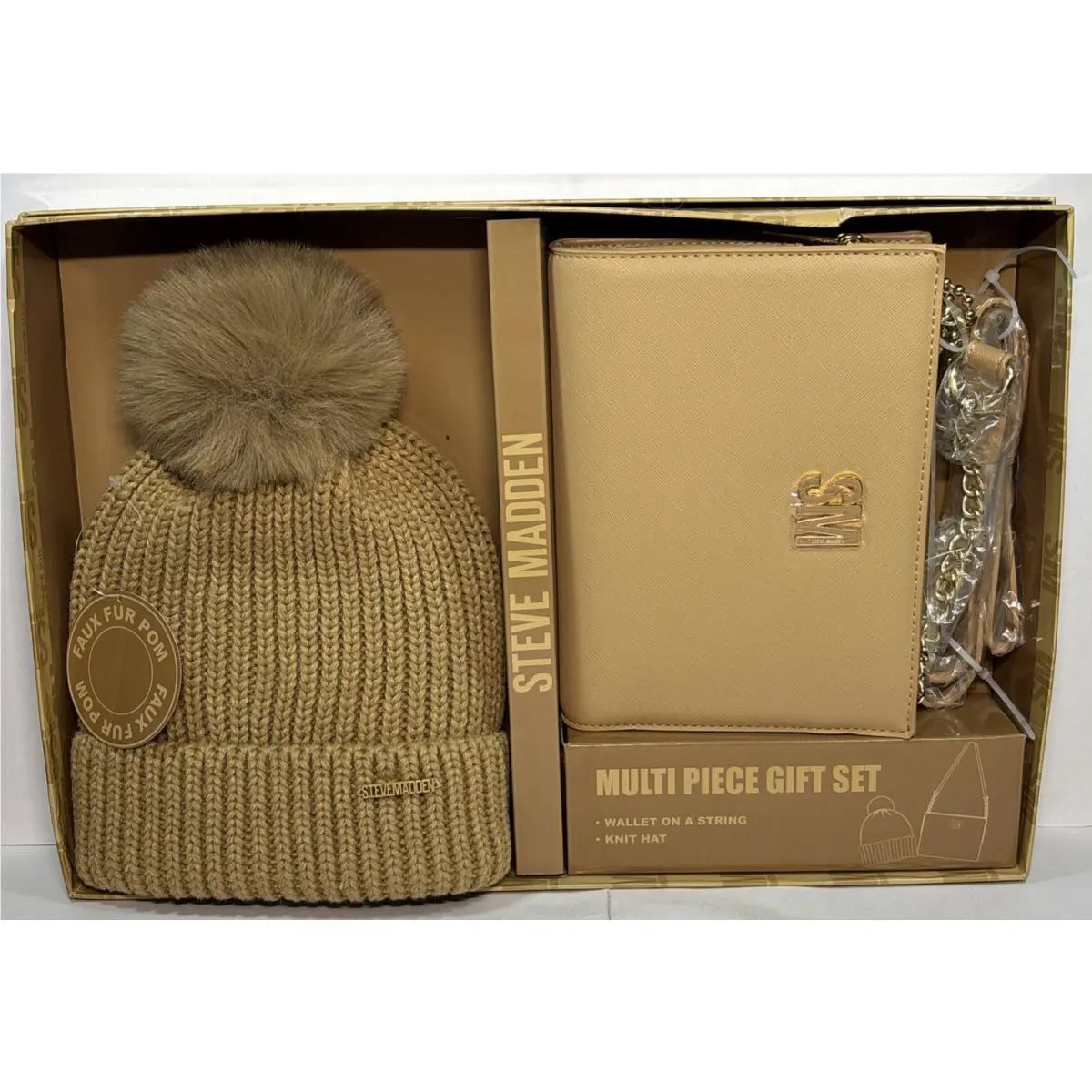 Steve Madden 2 Piece Gift Set Includes Wallet On A String Knit Hat