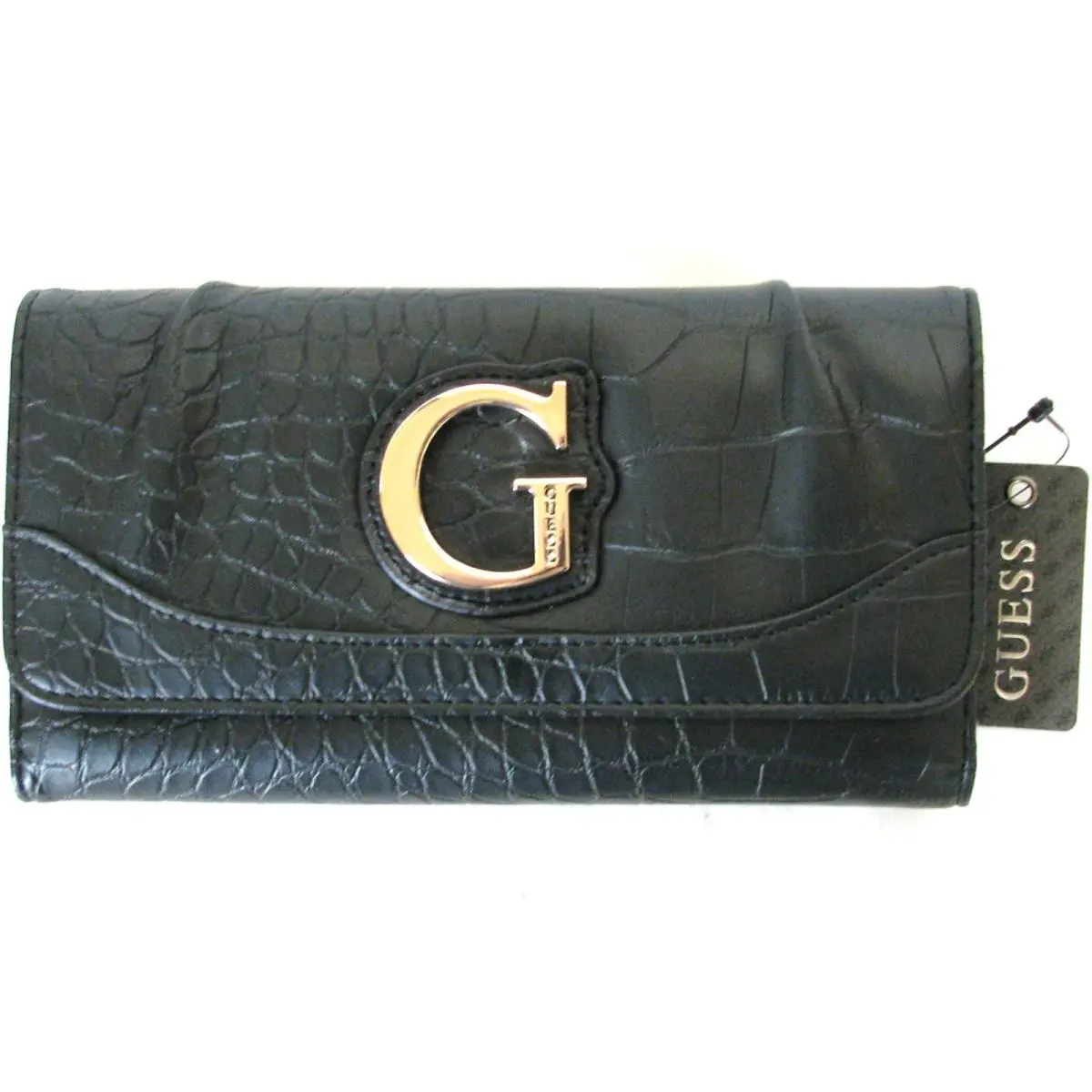Guess Celeste Black+tan+grey Gray Croc Leatherette Checkbook Wallet Clutch