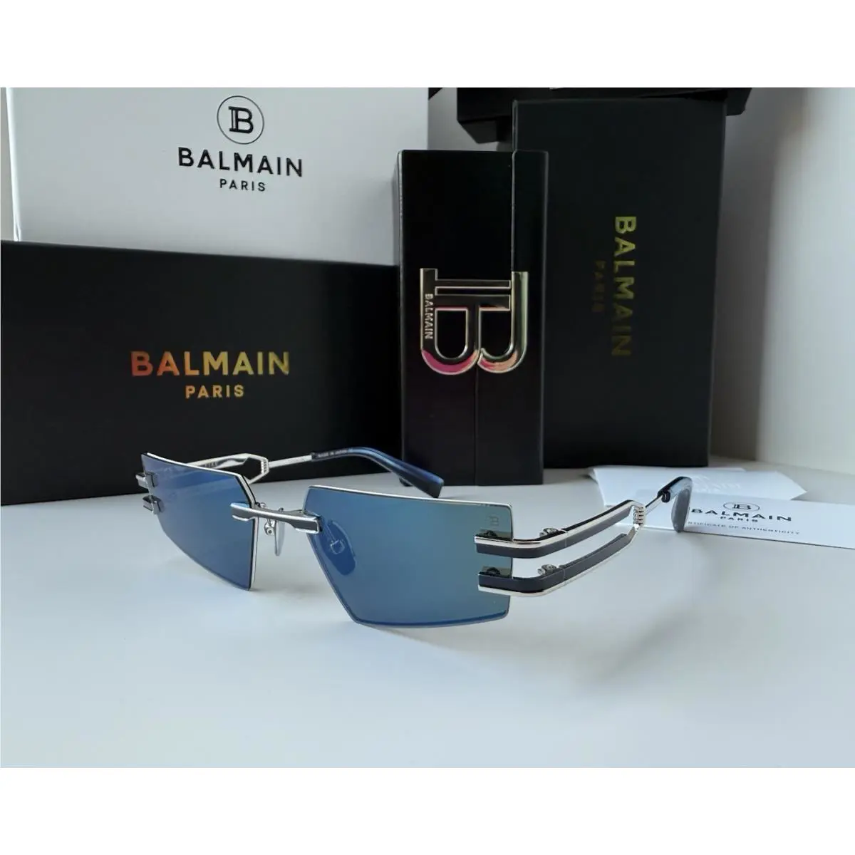 Balmain Fixe BPS-123-E Slv-blu Silver Blue Mirror Rimless Sunglasses