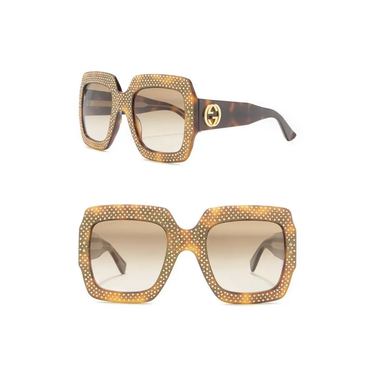 Gucci Sunglasses 54mm Oversize Square Havana Brown Crystals Case Cloth