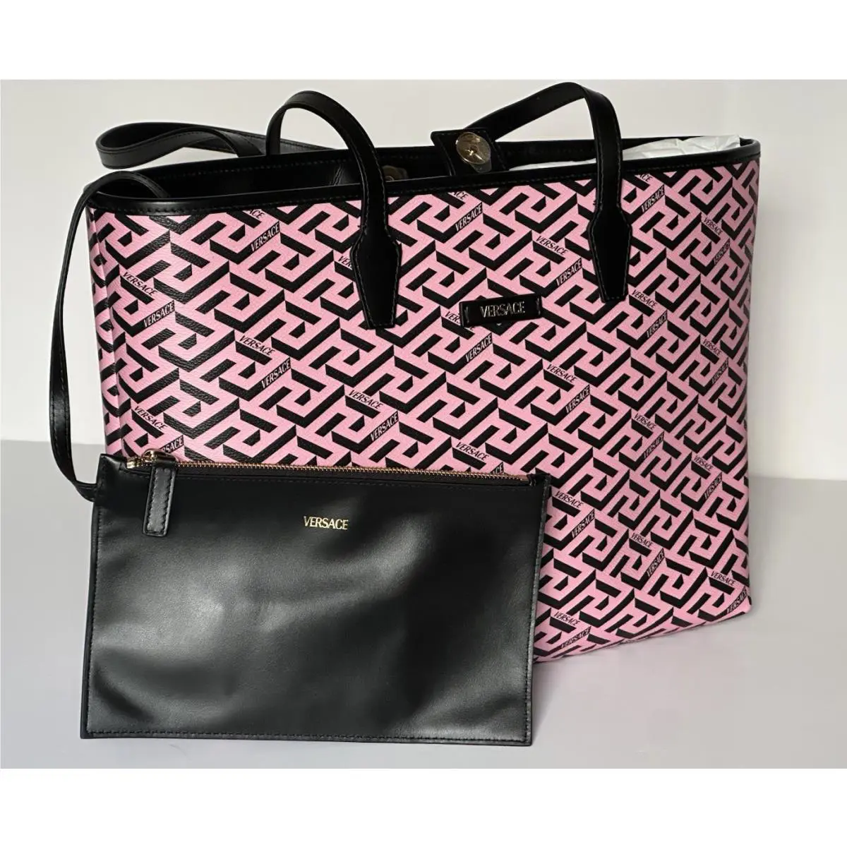 Versace Greca Coated Canvas Leather Pink/black Tote Bag 1020802 IT
