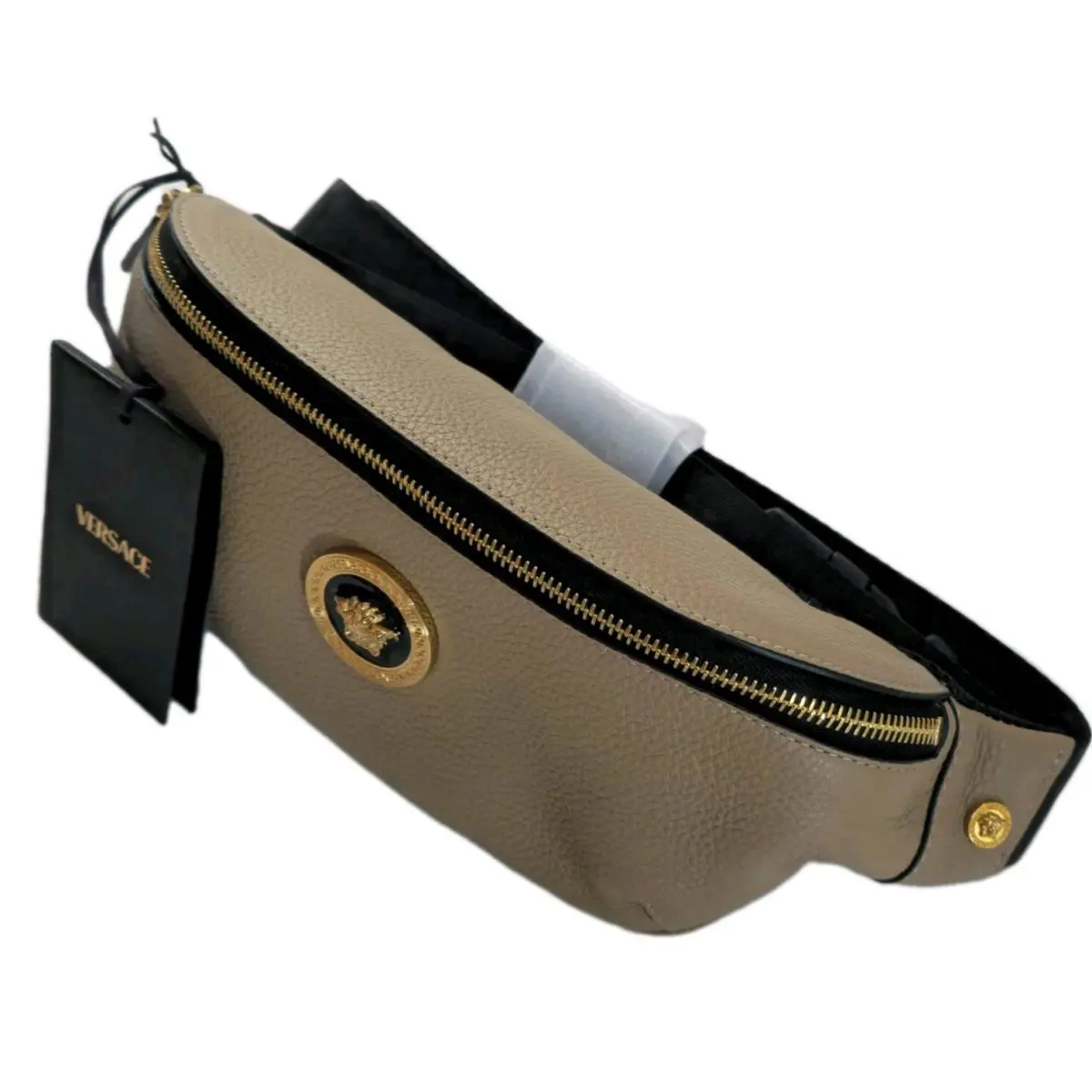Versace Logo Medusa Belt Bag Natural Beige Gold Logo Leather