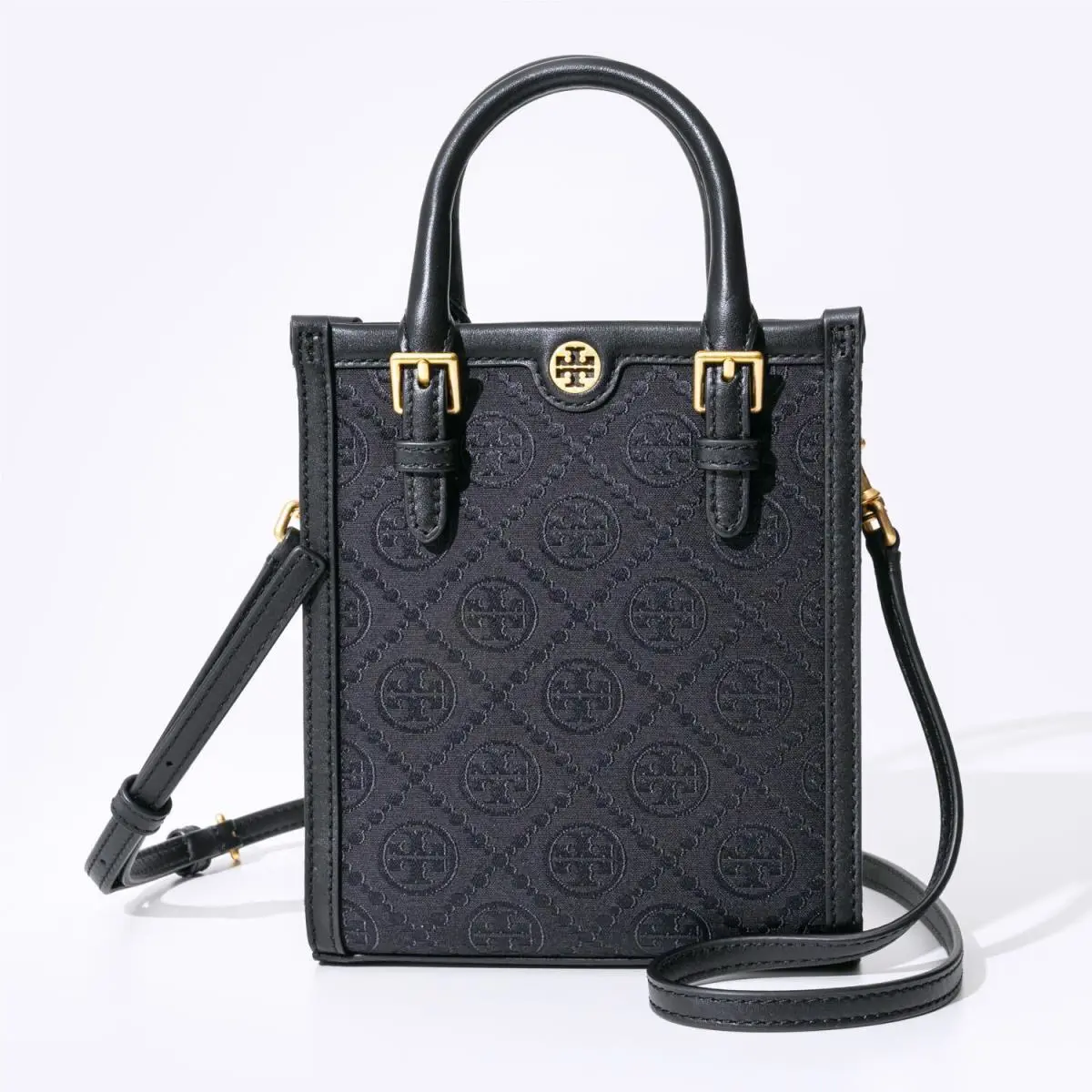 Tory Burch T Monogram Black Mini Shopper Tote Crossbody Purse Bag 152133