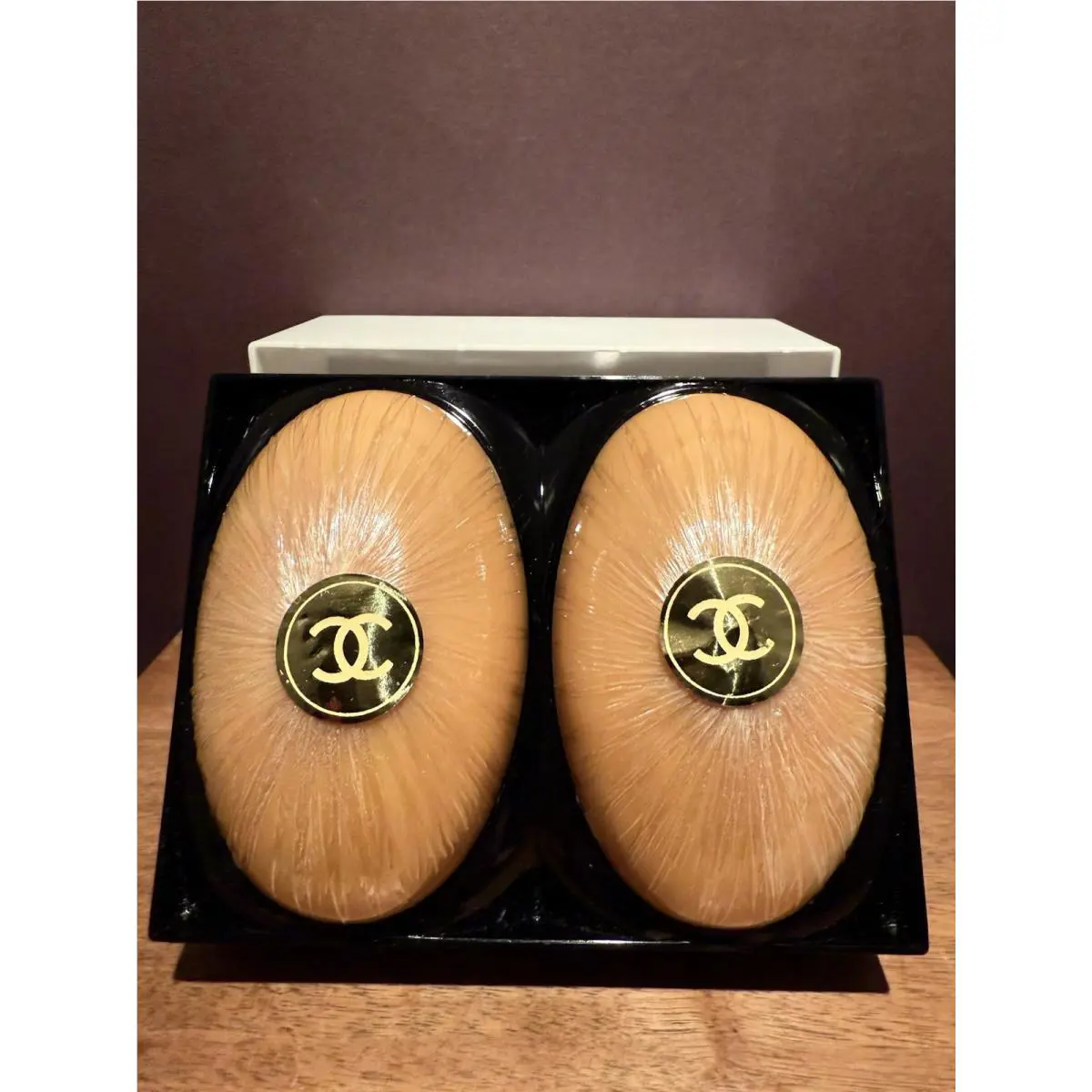 Vintage Chanel Scented Perfume Oval Soap Plastic Case Set Of 2 See Photos